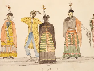 Danse indigène de Buru, Moluques, aquarelle de Jules-Louis Lejeune, basée sur Voyage autour du monde