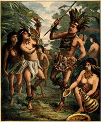 Danse des Indiens Roucouyan dans les Caraïbes. Gravure dans "La Terre Illustrée" n°77 du 21 avril 1892