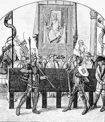 La Mort présidant aux batailles, de Le Chevalier Délibéré écrit par Olivier de la Marche (1426-1501) illustration de Science et Littérature au Moyen Âge et à la Renaissance, écrit et gravé par Paul Lacroix, 1878