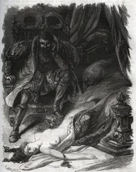 Mort de Françoise de Foix, comtesse de Châteaubriant (v. 1495-1537), assassinée par son mari Jean de Laval, comte de Châteaubriant (Laval-Châteaubriant) (1486-1543), qui se vengea ainsi des infidélités de son épouse. Gravure de 1871 tirée de «Histoire