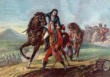 Mort du général Charles Antoine Desaix de Veygoux (1768-1800) dans les bras du fils du consul Lebrun à la bataille de Marengo