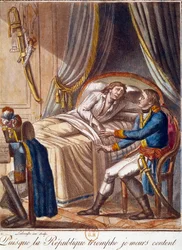 Mort du général Hoche le 17 septembre 1797 : Depuis que la République triomphe, je meurs content. Gravure du 18ème siècle. Collection privée