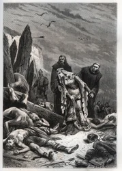 Mort du roi Harold II (1022-1066) à la bataille de Hastings en 1066 - Edith Swannesha (Swanneck), dite Edith la Juste (1025-1086) découvre le corps de son mari