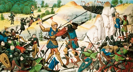 Mort du chevalier Roland, neveu de Charlemagne, lors de la bataille de Roncevaux (778) entre les armées de Charlemagne et les Sarrasins. Miniature du 14ème siècle