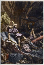 Mort du chevalier Roland, neveu de Charlemagne, à la bataille de Roncevaux (778) opposant l