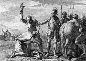 Décapitation de Syagrius, 486 : exécution du général romain Siagrius (430-486) vaincu à la bataille de Soissons par les troupes de Clovis I. Gravure du 18e siècle