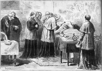 Décès du pape Pie IX (Pio) (1792-1878) : rituel de reconnaissance de la mort du pape. Un cardinal frappe le front du défunt avec un marteau en argent. Gravure dans « Le Monde Illustré » n°1089 du 16 février 1878
