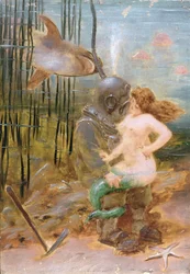 Plongeur en haute mer avec une sirène et un requin