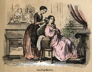 Description des différents produits et usages du papier : feuilles, morceaux de papier utilisés pour séparer les cheveux par les coiffeurs. Planche "Le papier et ses produits" dans "Les Récréations instructives" peinture synoptique de Jules Delbruck, gravu