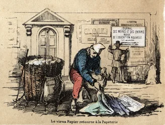 Description des divers produits et usages du papier : le vieux papier est ramassé pour redevenir chiffon. Planche "Le papier et ses produits" dans "Les Récréations instructives" par Jules Delbruck