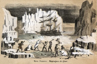 Description des différents types de paysages et reliefs selon la géographie : détail représentant un paysage arctique avec des ours polaires et des icebergs. Planche "Géographie physique" dans "Les Récréations instructives" par Jules Delbruck