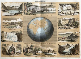 Description des différents types de paysages et de reliefs selon la géographie : au centre la Terre ou globe avec indications des mers et océans, continents, îles, chaînes de montagnes, golfes, caps, détroits et isthmes. Vue du lac Léman