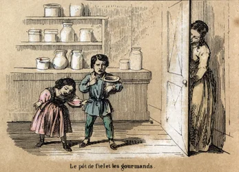 Description des cinq sens : détail du goût, deux enfants gourmands piégés par leur mère qui cache un pot au goût amer parmi les autres pots de sucre. Planche "Les cinq sens" dans "Les Récréations instructives" par Jules Delbruck