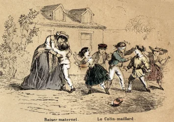 Description des cinq sens : le toucher, une mère câlinant son enfant pour un contact maternel et le jeu du colin-maillard. Planche « Les cinq sens » dans « Les Récréations instructives » Synoptique peinture par Jules Delbruck, gravure de 1860. Collection p