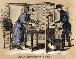 Description des différents produits et usages du papier : une transaction à la banque, un banquier reçoit des billets de banque en papier. Planche "Le papier et ses produits" dans "Les Récréations instructives" peinture synoptique de Jules Delbruck, gravur