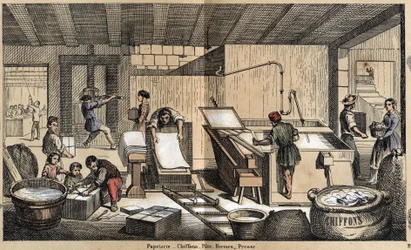 Les divers produits et usages du papier : activités dans une papeterie, fabrication de papier à partir de chiffons, pâte, formes et presse. Planche « Le papier et ses produits » dans « les Récréations instructives »