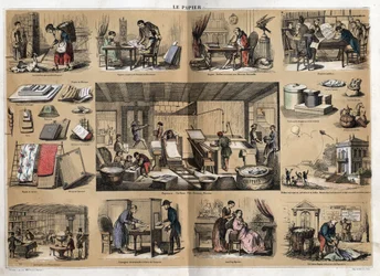 Description des différents produits et usages du papier : au centre des activités dans une papeterie, fabrication de papier à partir de chiffons, pâte, formes et presse. Divers usages, papier à dessin, Buffon écrivant son Histoire naturelle, lecture de jo