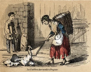 Description des divers produits et usages du papier : la collecte de vieux chiffons pour fabriquer du papier. Planche "Le papier et ses produits" dans "Les Récréations instructives" par Jules Delbruck
