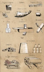 Description des divers produits et usages de la vache : peignes, jeux et boîtes en corne et os, bougies. Planche "La vache et ses produits" dans "Les Récréations instructives" par Jules Delbruck