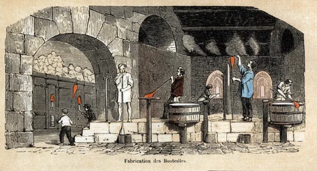 Description des diverses étapes de fabrication et usages du verre : la fabrication de bouteilles dans un atelier de souffleur de verre. Planche "Le verre et ses produits" dans "Les Récréations instructives" par Jules Delbruck