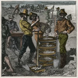 Lavage de diamants en Afrique du Sud au XIXe siècle. Gravure de 1885 dans « Les arts et métiers illustrés » par Adolphe Bitard.