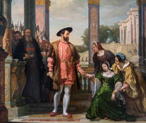 Diane de Poitiers implore la grâce de son père à François Ier - détail de « Diane de Poitiers implore la grâce de son père à François Ier » peinture de F.A. Bitter - 1828 - Le Mans, musée de Tessé