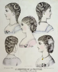 Différentes coiffures, planche de Le Moniteur de la Coiffure, 1880