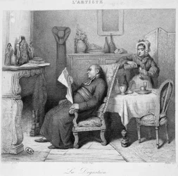 Digestion : prêtre lisant son journal devant la cheminée tandis que sa servante lui sert un digestif - gravure
