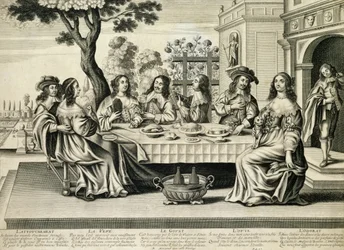 Dîneurs sur une terrasse avec un jardin à la française en contrebas, gravé par Balthazar Moncornet (c.1600-68)