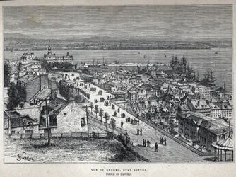 Découverte du Canada : vue de la ville de Québec à la fin du 19ème siècle. Dessin de Barclay. Gravure de la fin du 19ème siècle dans "La nouvelle France" d