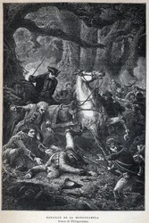 Bataille de la Monongahela en 1755 pendant la guerre de Sept Ans. Dessin de Philippoteaux. Gravure de la fin du XIXe siècle dans "La nouvelle France" par Eugène Guenin