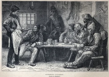 Découverte du Canada : bûcherons canadiens. Dessin de Maillard. Gravure de la fin du 19ème siècle dans "La nouvelle France" d