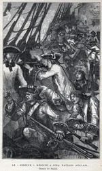 Jacques Pierre de Taffanel de la Jonquière (1685-1752), officier de marine français à la tête du navire français "Le sérieux" résistant à cinq navires anglais. Dessin de Sahib. Gravure de la fin du XIXe siècle dans "La nouvelle France" par Eugène Guenin