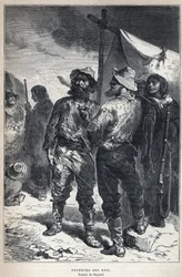 Découverte du Canada : coureur des bois (impliqué dans le commerce de fourrures avec les Amérindiens). Dessin de Bayard. Gravure de la fin du XIXe siècle dans « La nouvelle France » par Eugène Guénin.