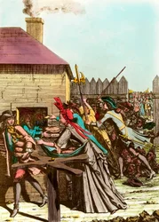 Distribution du pain du roi au Louvre en 1709 après le Grand Hiver, qui a provoqué la hausse du prix des céréales et de grandes famines. Gravure de la fin du XVIIIe siècle. Collection privée