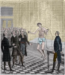 Le Dr Andrew Ure effectuant des expériences voltaïques sur le corps du meurtrier exécuté Clydesdale, en 1818 - Expérience d