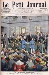 Dessin de la loterie de la presse aux bureaux du Crédit Foncier de France à Paris. Crédit foncier. Le tirage de la loterie de la presse. Illustration pour Le Petit Journal