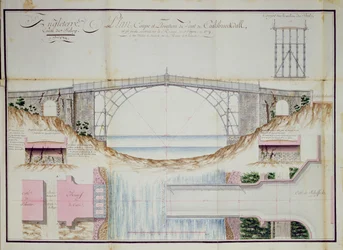 Dessins et coupe transversale du pont de fer construit en 1779 à Coalbrookdale, Shropshire, Angleterre, 1784