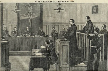 Affaire Dreyfus en 1898 : une audience du Conseil de guerre : le procès du commandant Esterhazy. Gravure dans « Le petit parisien » de 1898.