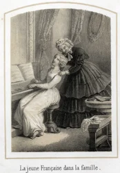 Éducation des jeunes filles de bonnes familles : une jeune Française assise au piano est reprise par sa gouvernante. Gravure anonyme du XIXe siècle
