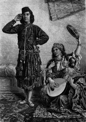Musiciens et danseurs égyptiens. Un homme tient des cymbales entre ses doigts. Gravure dans « Le Journal de la jeunesse »