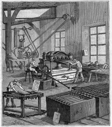 Galvanoplastie - Atelier de galvanoplastie de Monsieur Rousset à Paris au XIXe siècle - Gravure dans « Sciences mises à la portée de tous - physique et chimie » par Alexis Clerc - Fin XIXe siècle - Collection privée
