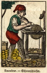 Émouleur (consiste à aiguiser des objets avec la meule); Série sur les métiers, image d