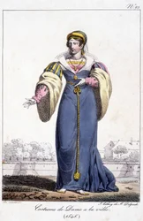 Gravure, costume de dame en ville vers 1545