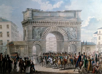 Entrée des alliés à Paris par la Porte Saint Martin le 31/03/1814. Louis XVIII (1755-1824) en parade