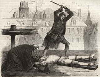 Exécution (Le supplice de la roue) du poisonneur Antoine-François Desrues (1744-1777) sur la Place de Grève à Paris en 1777 - Supplice de Desrues, rompu sur la roue sur la Place de Grève à Paris