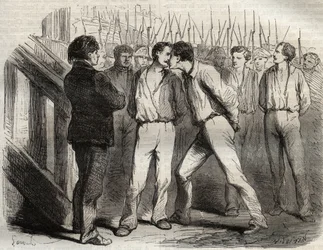 Exécution des quatre sergents de La Rochelle le 21 septembre 1822 : Bories, Raoulx, Gaubin, Pommier - Raoulx, qui devait passer le premier, demanda à embrasser ses camarades - Gravure dans « Causes célèbres de tous les peuples » par Armand Fouquier