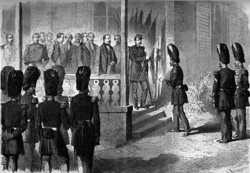 Expédition du Mexique (1861-1867) : Napoléon III (1808-1873) remet aux sergents des régiments des grenadiers de la garde les drapeaux pris par l