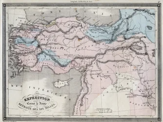 Expédition de Cyrus le Jeune (5ème siècle av. J.-C.) et retraite des dix mille - Planche extraite de « Atlas universel de géographie ancienne et moderne pour les écoles résidentielles » par Vuillemin - vers 1845