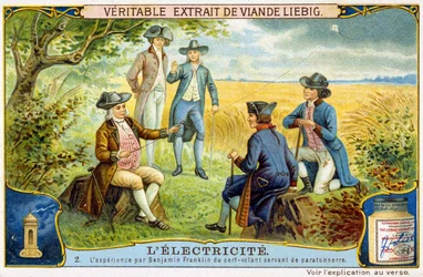 Expérience de Benjamin Franklin avec des cerfs-volants utilisés comme paratonnerre - autocollant publicitaire Liebig